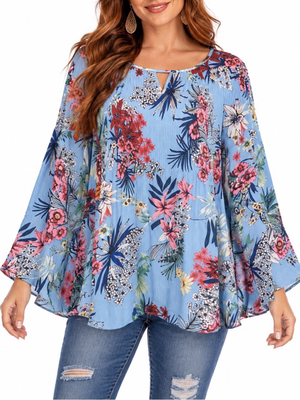 Charlie B Sky Blue Floral Bell Sleeve Blouse- Medium
